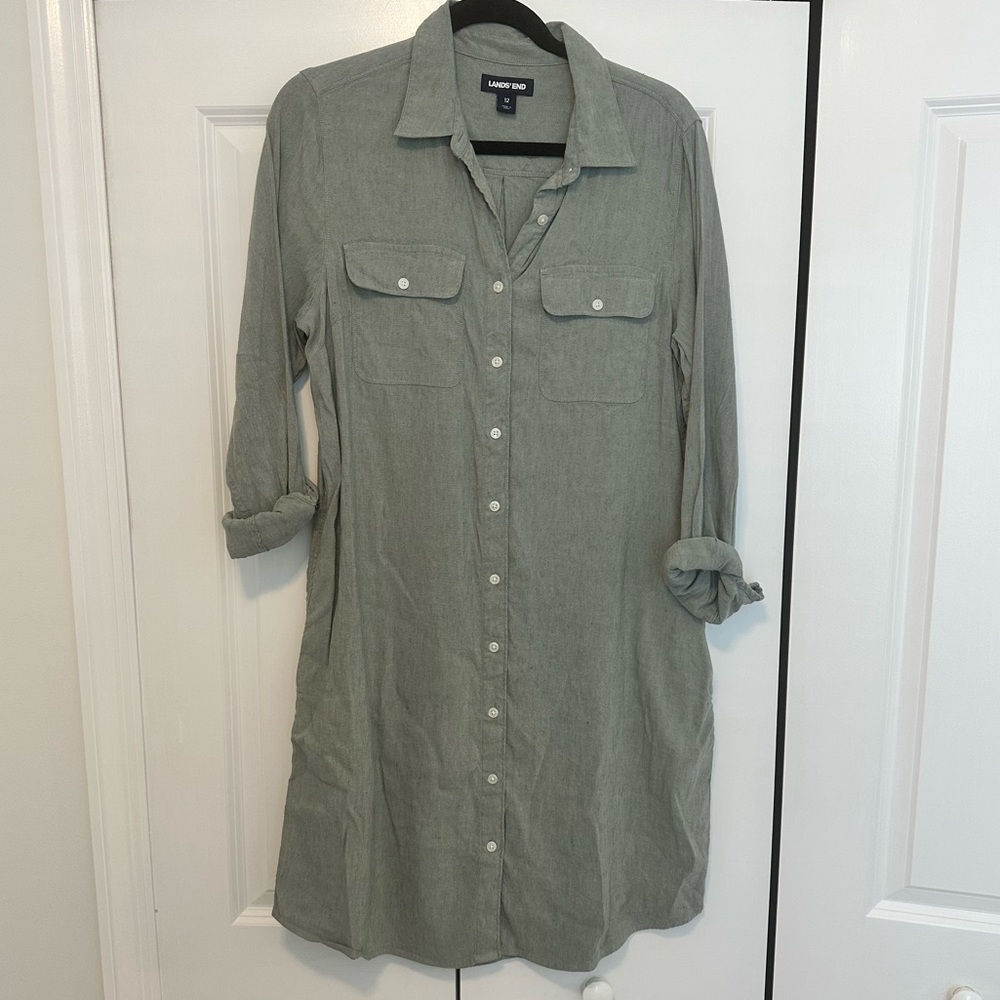 Lands End Light Green Linen Blend Shirt Dress with pockets - sz 12